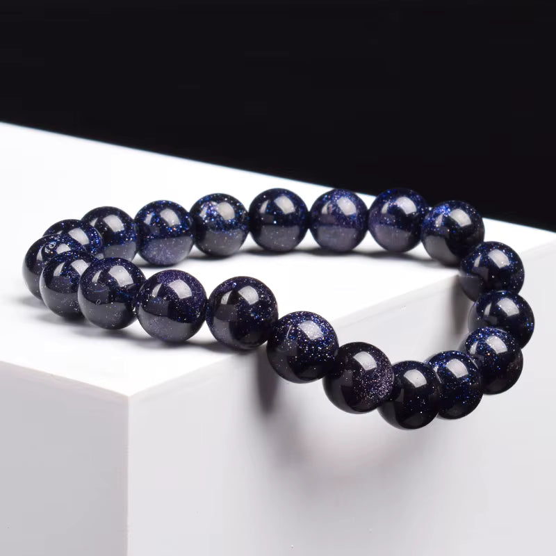 Blue Sandstone Bracelet Elastic Beaded Silver Obsidian Unisex