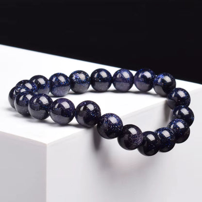 Blue Sandstone Bracelet Elastic Beaded Silver Obsidian Unisex