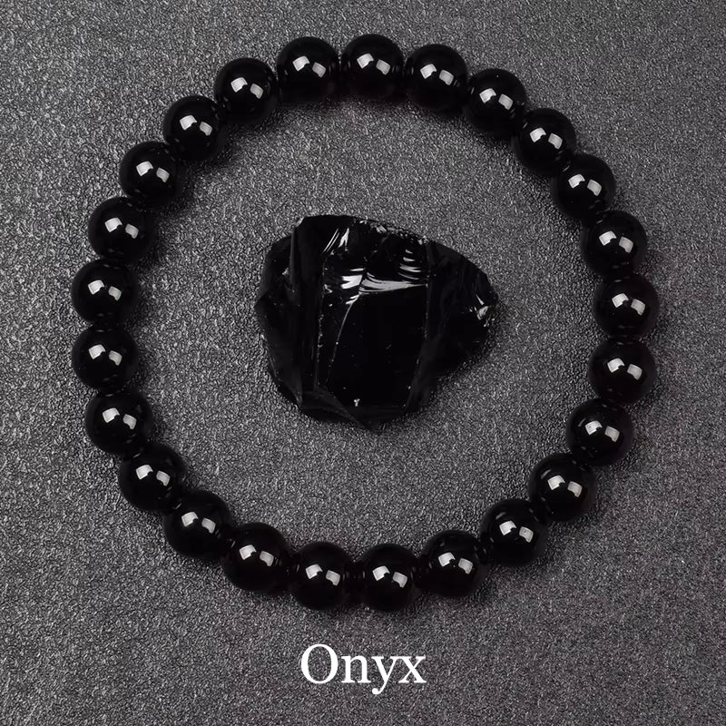 Blue Sandstone Bracelet Elastic Beaded Silver Obsidian Unisex