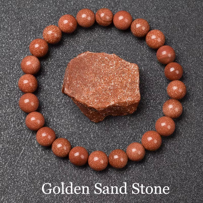 Blue Sandstone Bracelet Elastic Beaded Silver Obsidian Unisex