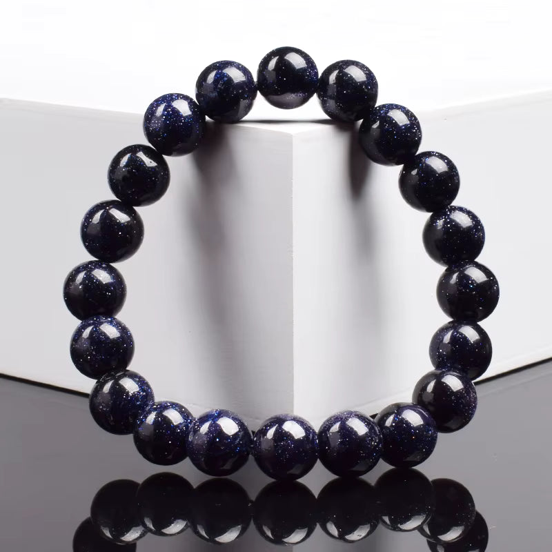 Blue Sandstone Bracelet Elastic Beaded Silver Obsidian Unisex