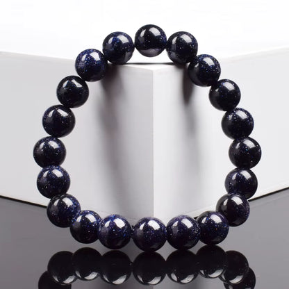 Blue Sandstone Bracelet Elastic Beaded Silver Obsidian Unisex