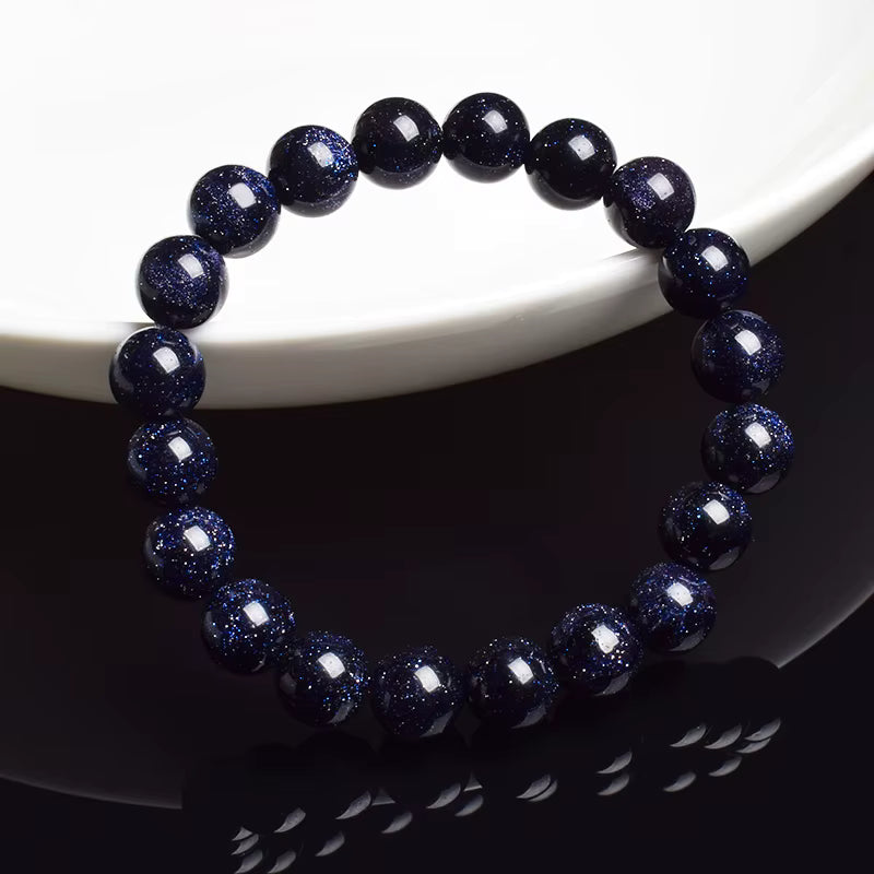 Blue Sandstone Bracelet Elastic Beaded Silver Obsidian Unisex