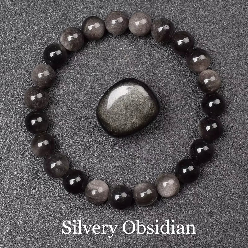 Blue Sandstone Bracelet Elastic Beaded Silver Obsidian Unisex