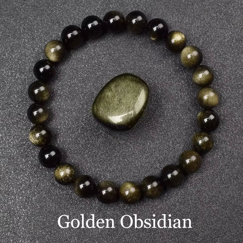 Blue Sandstone Bracelet Elastic Beaded Silver Obsidian Unisex