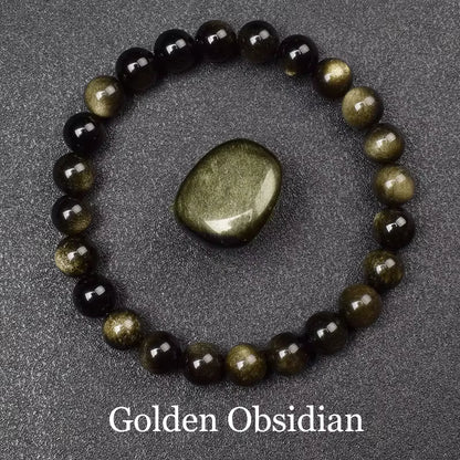 Blue Sandstone Bracelet Elastic Beaded Silver Obsidian Unisex
