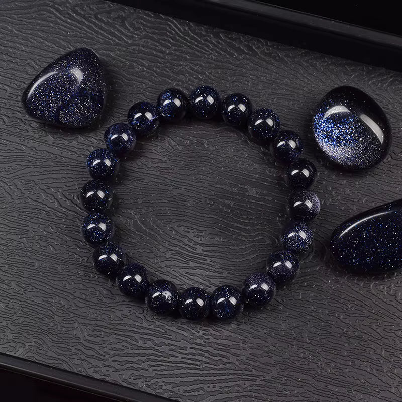 Blue Sandstone Bracelet Elastic Beaded Silver Obsidian Unisex
