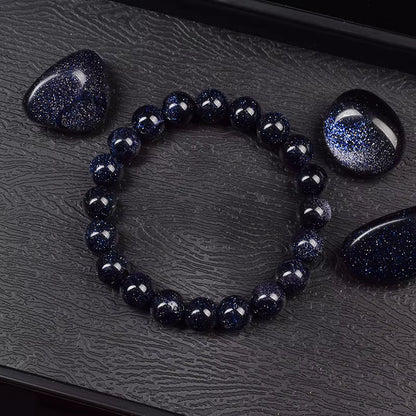 Blue Sandstone Bracelet Elastic Beaded Silver Obsidian Unisex