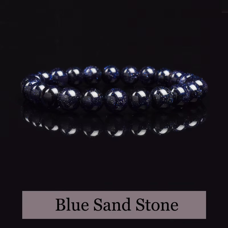 Blue Sandstone Bracelet Elastic Beaded Silver Obsidian Unisex