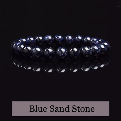 Blue Sandstone Bracelet Elastic Beaded Silver Obsidian Unisex