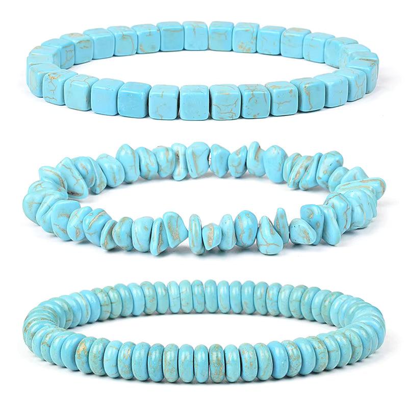 Blue Turquoise Bracelet 8mm Cube Cylindrical Beads Elastic