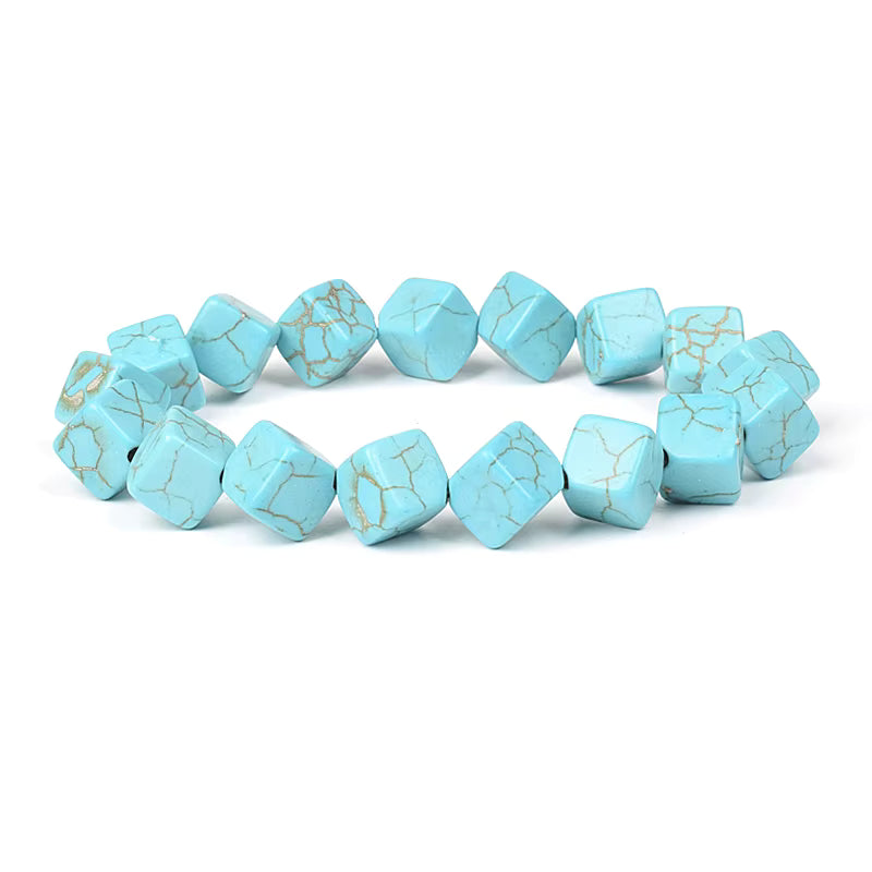 Blue Turquoise Bracelet 8mm Cube Cylindrical Beads Elastic