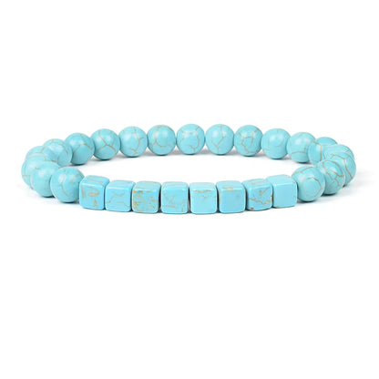 Blue Turquoise Bracelet 8mm Cube Cylindrical Beads Elastic