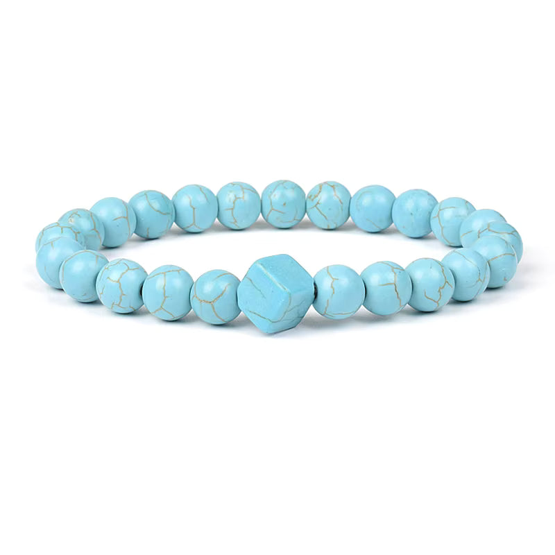 Blue Turquoise Bracelet 8mm Cube Cylindrical Beads Elastic