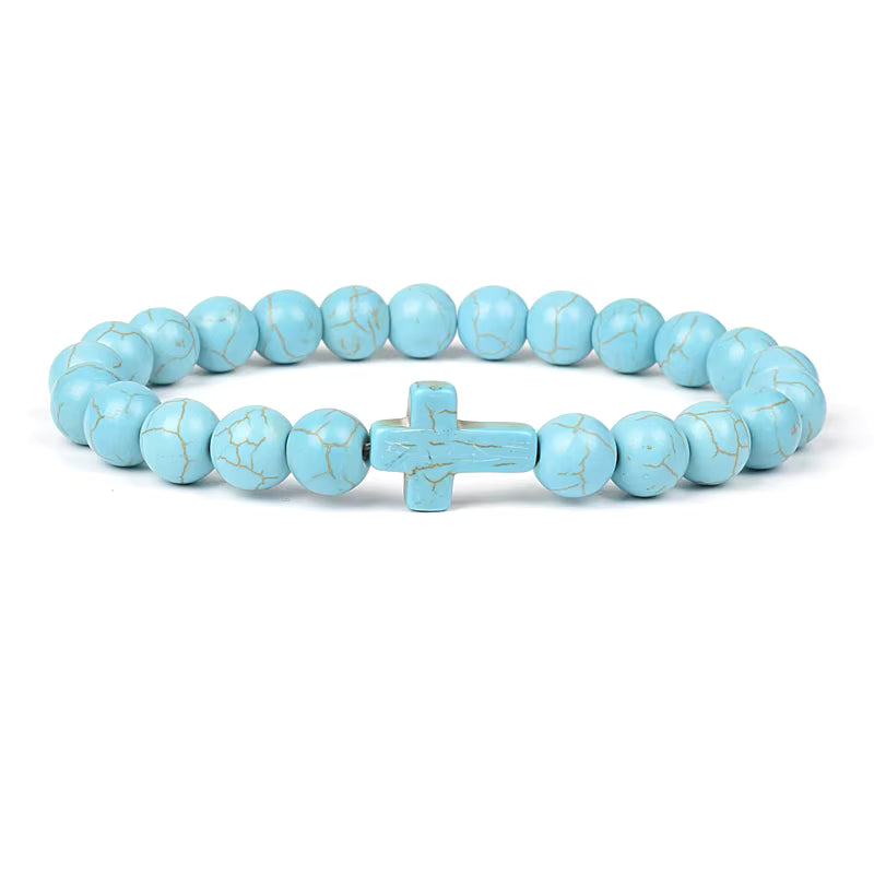 Blue Turquoise Bracelet 8mm Cube Cylindrical Beads Elastic