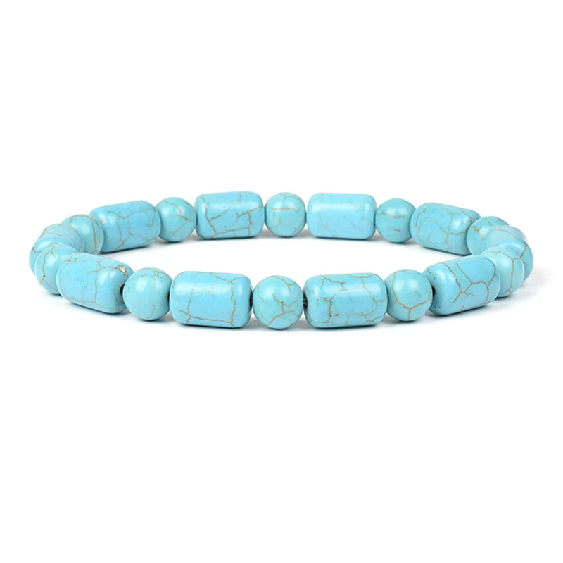 Blue Turquoise Bracelet 8mm Cube Cylindrical Beads Elastic
