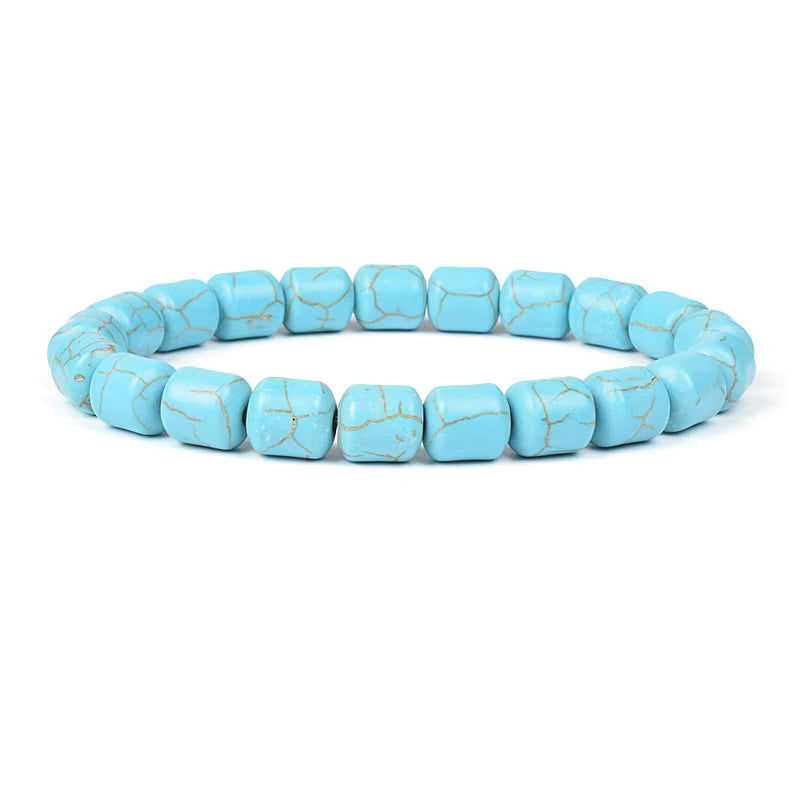 Blue Turquoise Bracelet 8mm Cube Cylindrical Beads Elastic