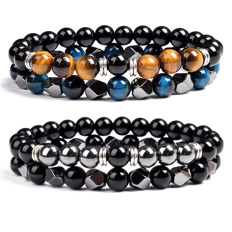 Couples Beaded Bracelet Set Natural Hematite Black Obsidian Tiger Eye