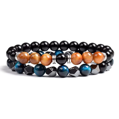 Couples Beaded Bracelet Set Natural Hematite Black Obsidian Tiger Eye