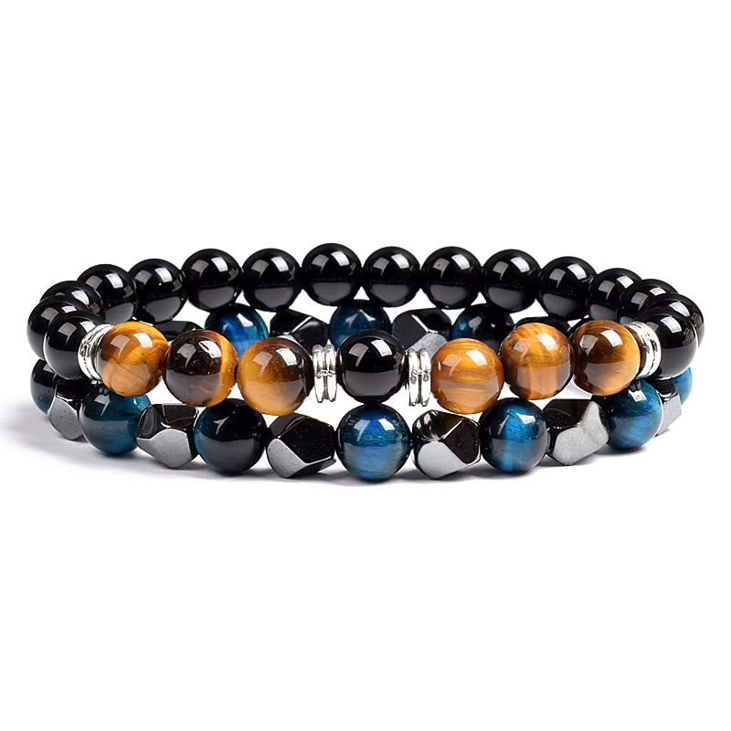 Couples Beaded Bracelet Set Natural Hematite Black Obsidian Tiger Eye