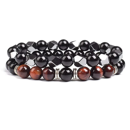 Couples Beaded Bracelet Set Natural Hematite Black Obsidian Tiger Eye
