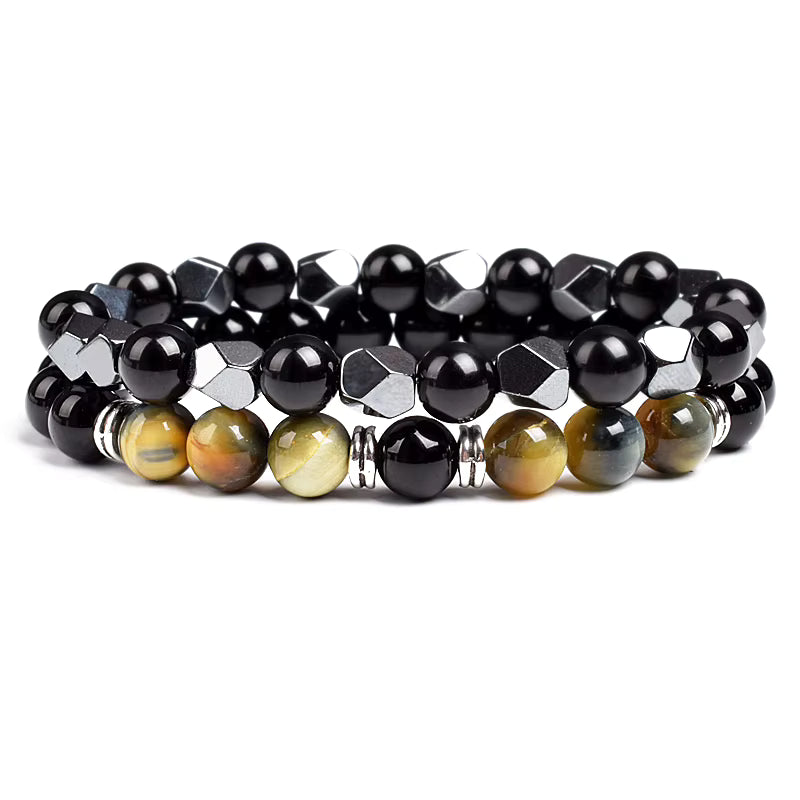 Couples Beaded Bracelet Set Natural Hematite Black Obsidian Tiger Eye