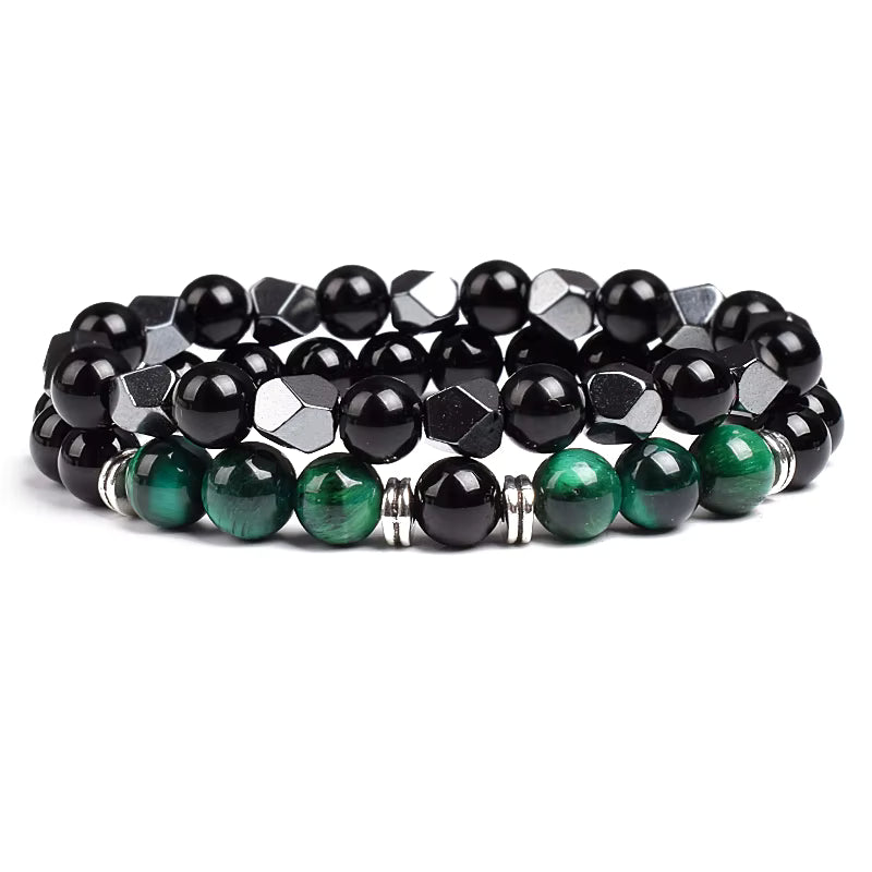 Couples Beaded Bracelet Set Natural Hematite Black Obsidian Tiger Eye