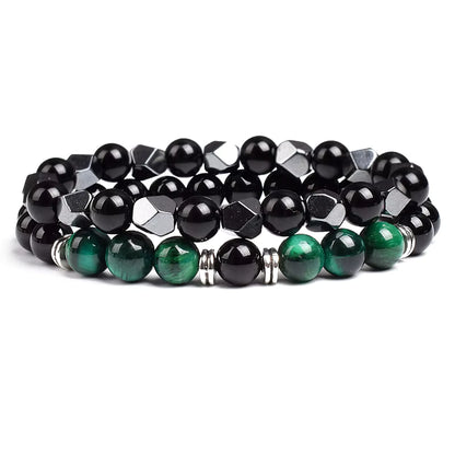Couples Beaded Bracelet Set Natural Hematite Black Obsidian Tiger Eye