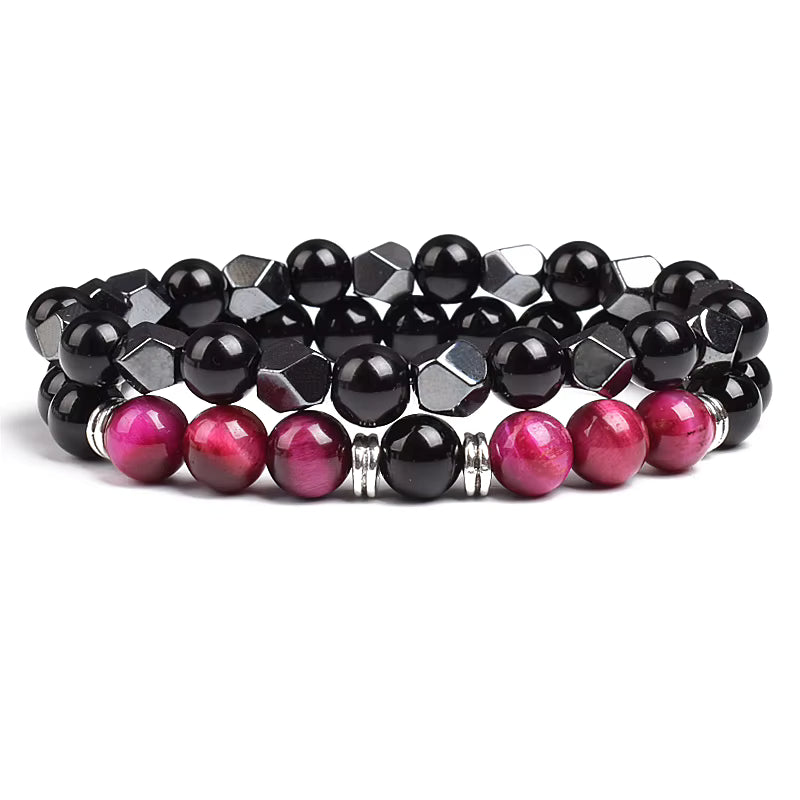 Couples Beaded Bracelet Set Natural Hematite Black Obsidian Tiger Eye