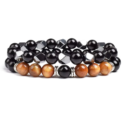 Couples Beaded Bracelet Set Natural Hematite Black Obsidian Tiger Eye