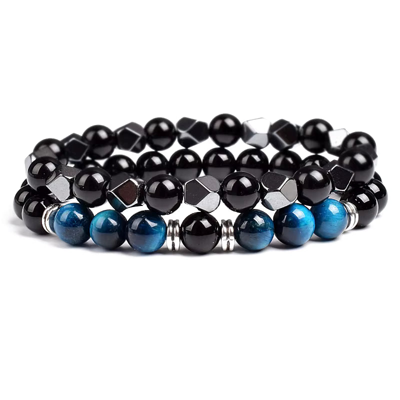 Couples Beaded Bracelet Set Natural Hematite Black Obsidian Tiger Eye
