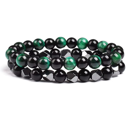 Couples Beaded Bracelet Set Natural Hematite Black Obsidian Tiger Eye