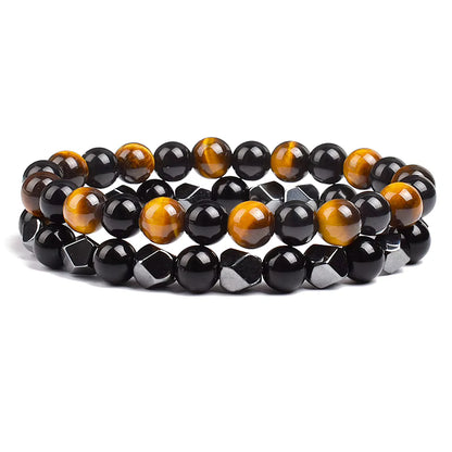 Couples Beaded Bracelet Set Natural Hematite Black Obsidian Tiger Eye