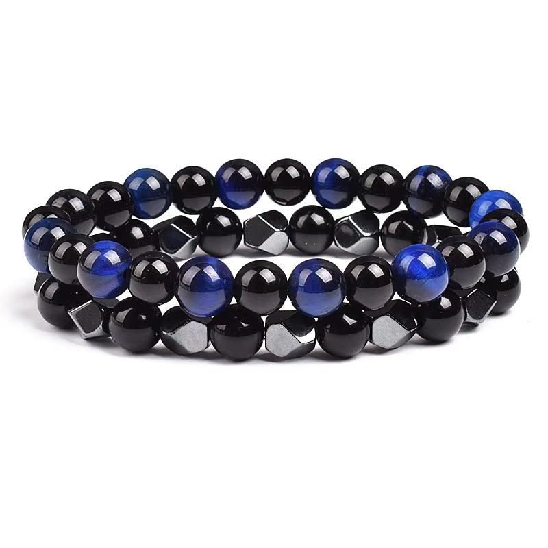 Couples Beaded Bracelet Set Natural Hematite Black Obsidian Tiger Eye