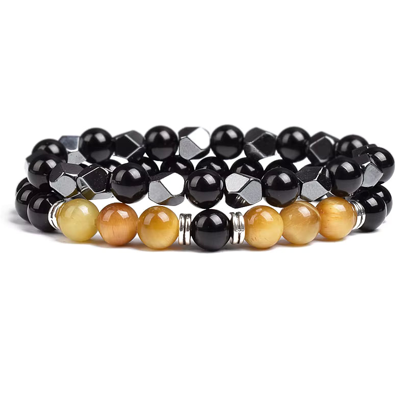 Couples Beaded Bracelet Set Natural Hematite Black Obsidian Tiger Eye
