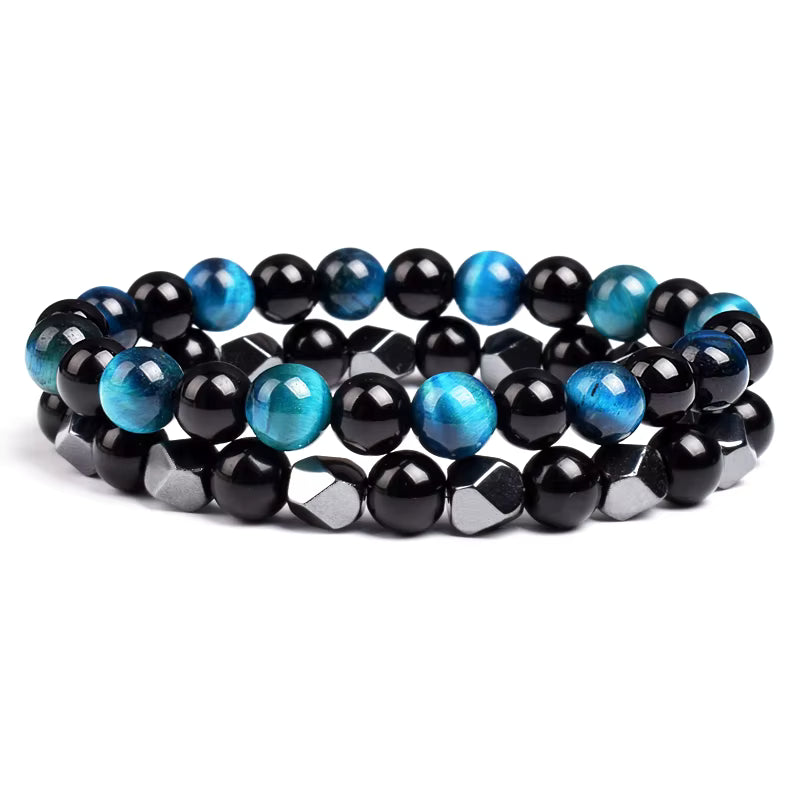 Couples Beaded Bracelet Set Natural Hematite Black Obsidian Tiger Eye