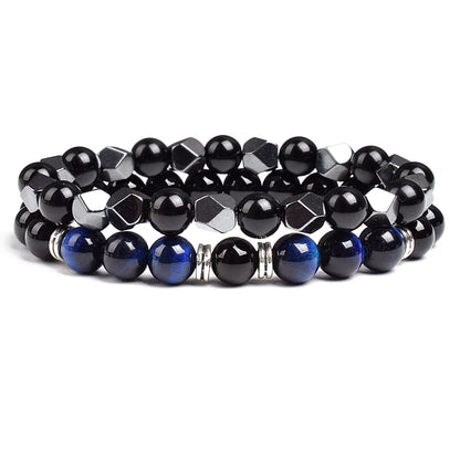 Couples Beaded Bracelet Set Natural Hematite Black Obsidian Tiger Eye