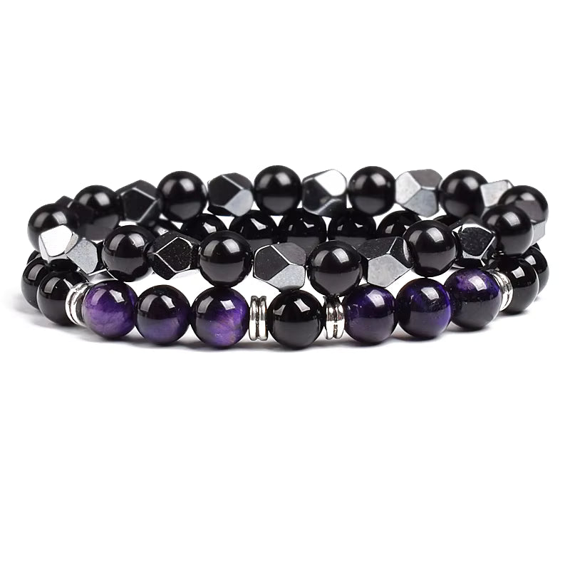 Couples Beaded Bracelet Set Natural Hematite Black Obsidian Tiger Eye