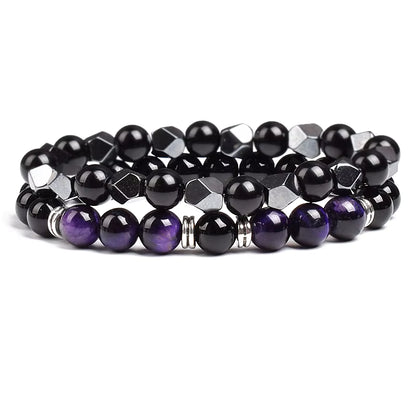 Couples Beaded Bracelet Set Natural Hematite Black Obsidian Tiger Eye