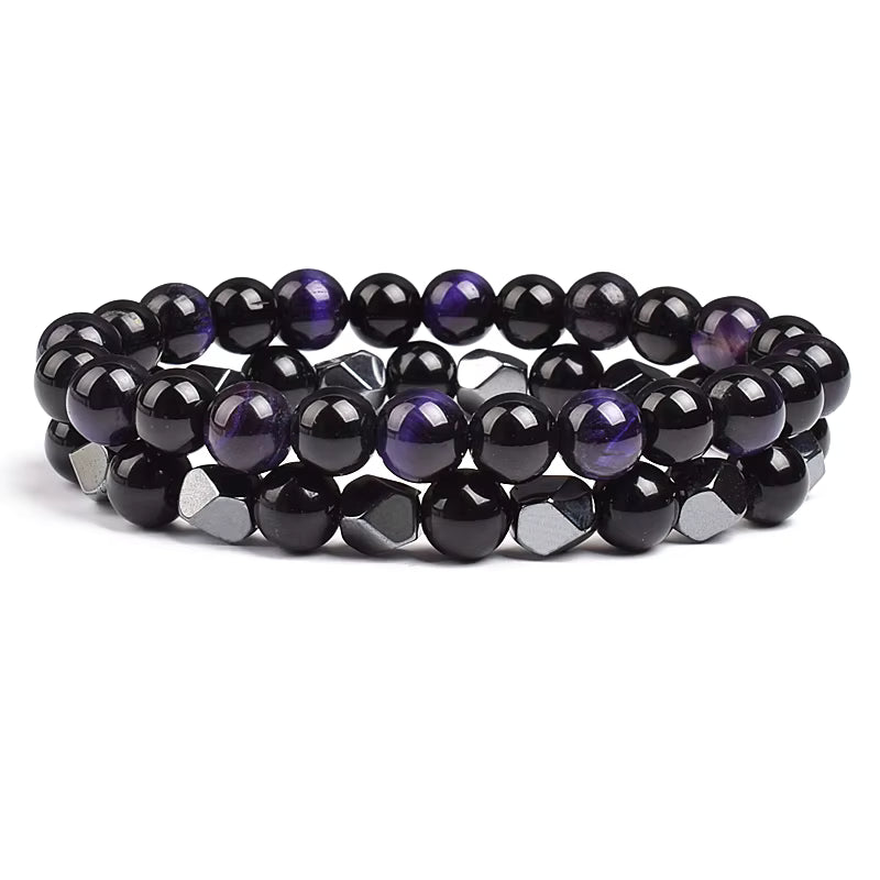 Couples Beaded Bracelet Set Natural Hematite Black Obsidian Tiger Eye