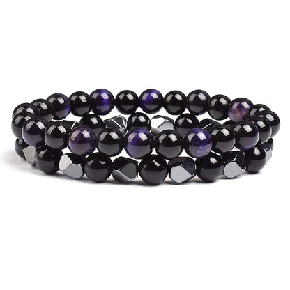 Couples Beaded Bracelet Set Natural Hematite Black Obsidian Tiger Eye