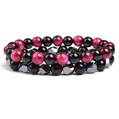 Couples Beaded Bracelet Set Natural Hematite Black Obsidian Tiger Eye