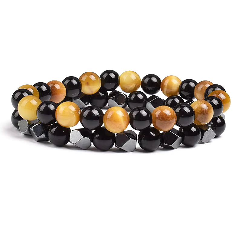 Couples Beaded Bracelet Set Natural Hematite Black Obsidian Tiger Eye
