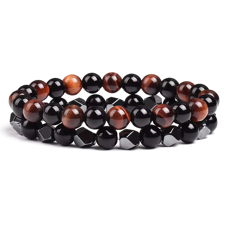 Couples Beaded Bracelet Set Natural Hematite Black Obsidian Tiger Eye