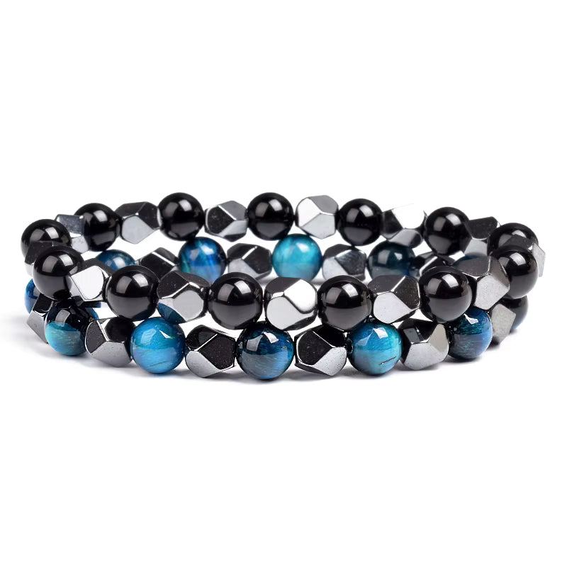Couples Beaded Bracelet Set Natural Hematite Black Obsidian Tiger Eye