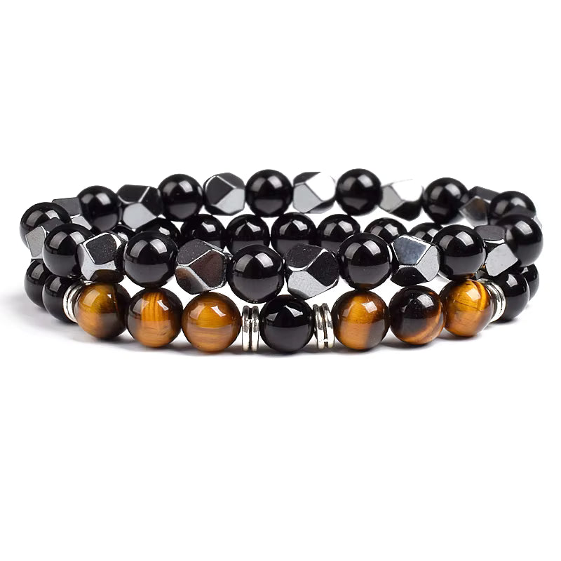 Couples Beaded Bracelet Set Natural Hematite Black Obsidian Tiger Eye