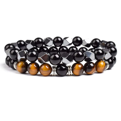 Couples Beaded Bracelet Set Natural Hematite Black Obsidian Tiger Eye