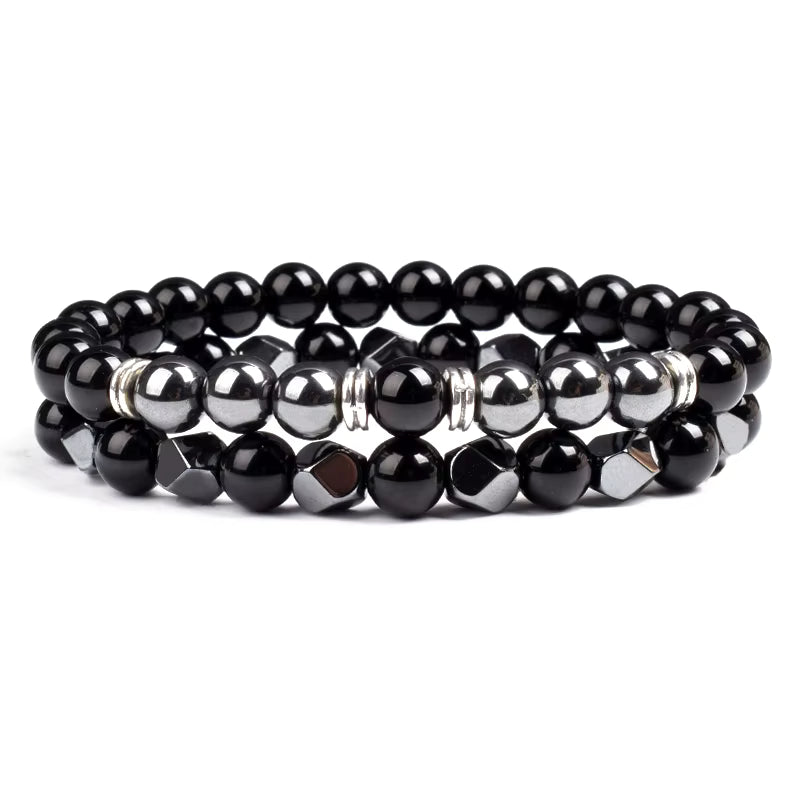 Couples Beaded Bracelet Set Natural Hematite Black Obsidian Tiger Eye