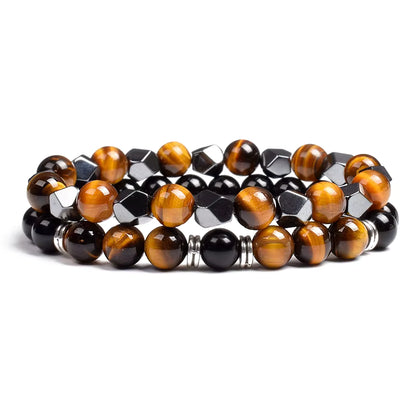 Couples Beaded Bracelet Set Natural Hematite Black Obsidian Tiger Eye