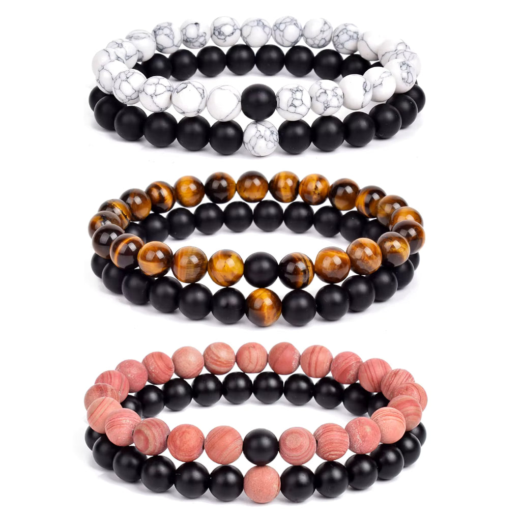 Couples Beaded Bracelet Set Natural Lava Tiger Eye Black White Elastic